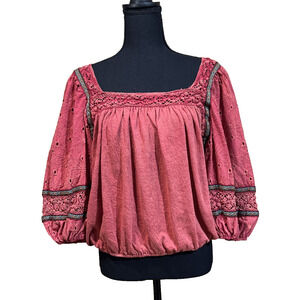 Gimmick Peasant Top Blouse Puff Sleeve Shirt Orange Boho Chic Womens Medium